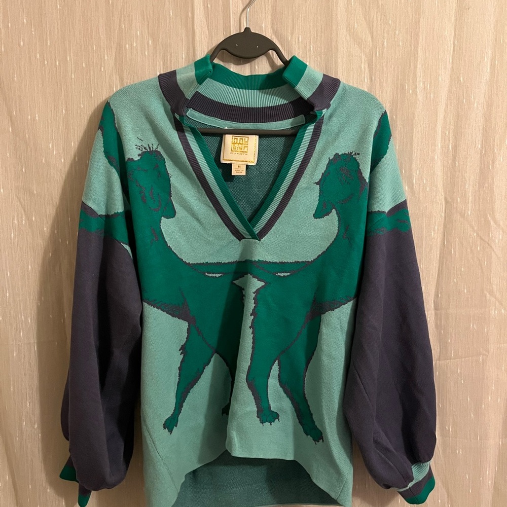 Emily McCarthy Lion V-Neck Sweater in Teal and Navy